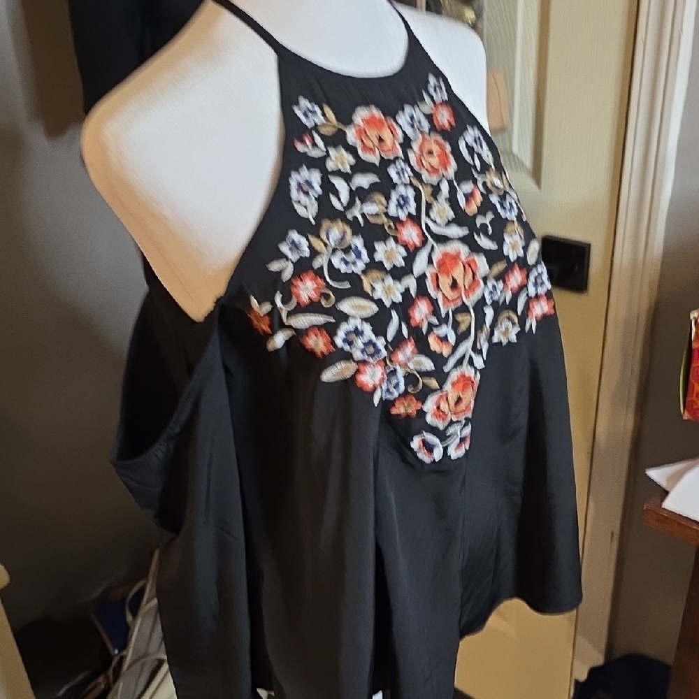 Abercrombie Black Halter Camisole with Coral and Cream Floral Embroidery